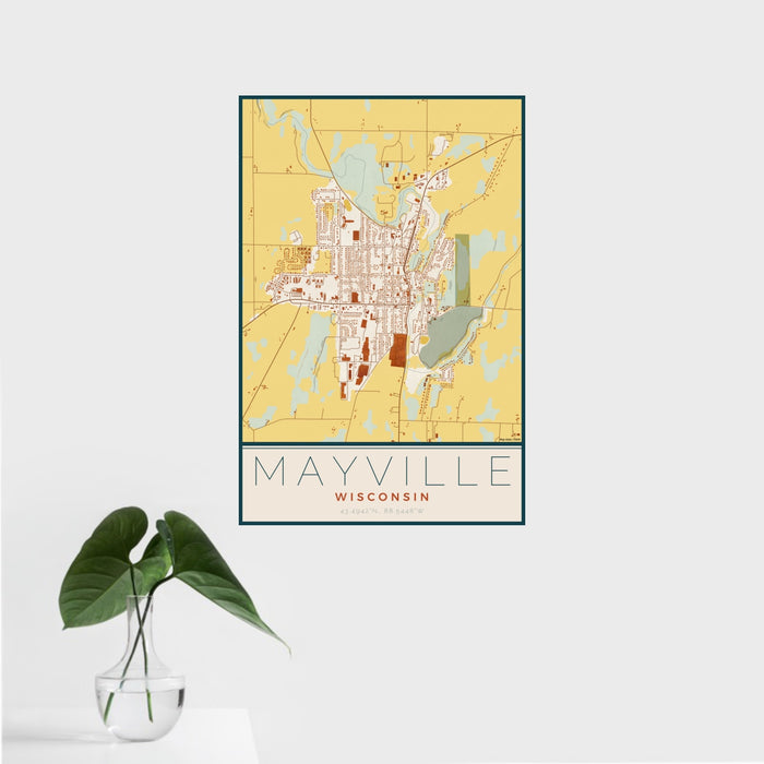 16x24 Mayville Wisconsin Map Print Portrait Orientation in Woodblock Style With Tropical Plant Leaves in Water