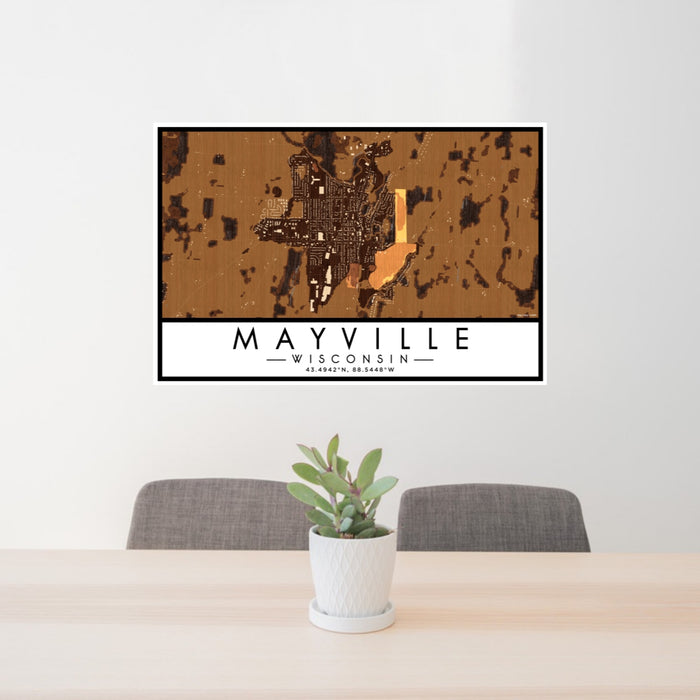 24x36 Mayville Wisconsin Map Print Lanscape Orientation in Ember Style Behind 2 Chairs Table and Potted Plant