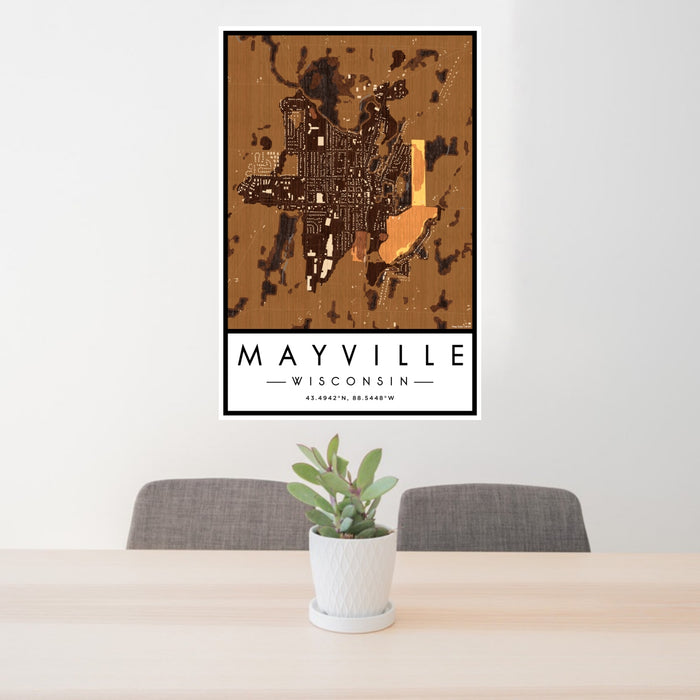 24x36 Mayville Wisconsin Map Print Portrait Orientation in Ember Style Behind 2 Chairs Table and Potted Plant