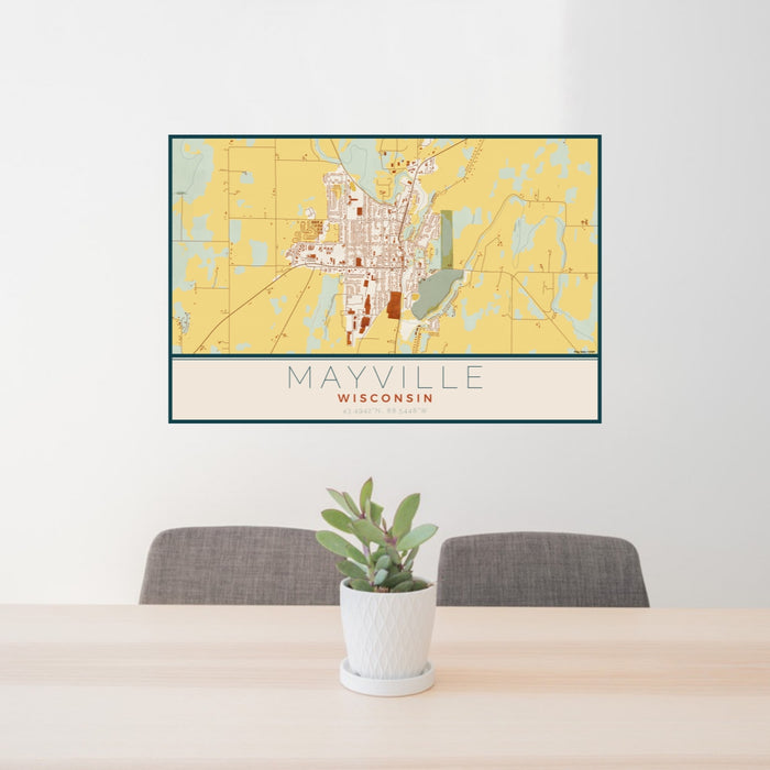 24x36 Mayville Wisconsin Map Print Lanscape Orientation in Woodblock Style Behind 2 Chairs Table and Potted Plant