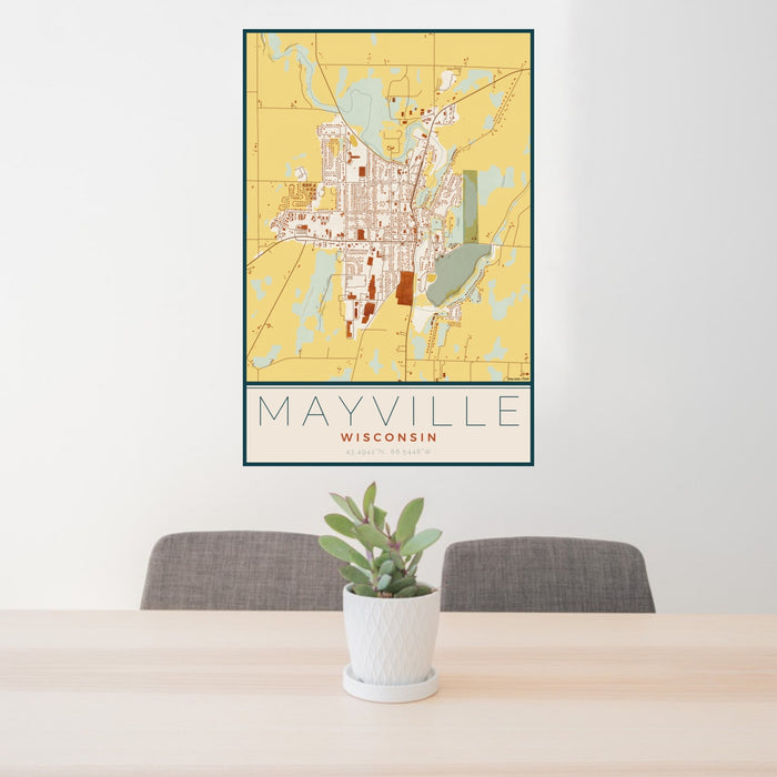 24x36 Mayville Wisconsin Map Print Portrait Orientation in Woodblock Style Behind 2 Chairs Table and Potted Plant