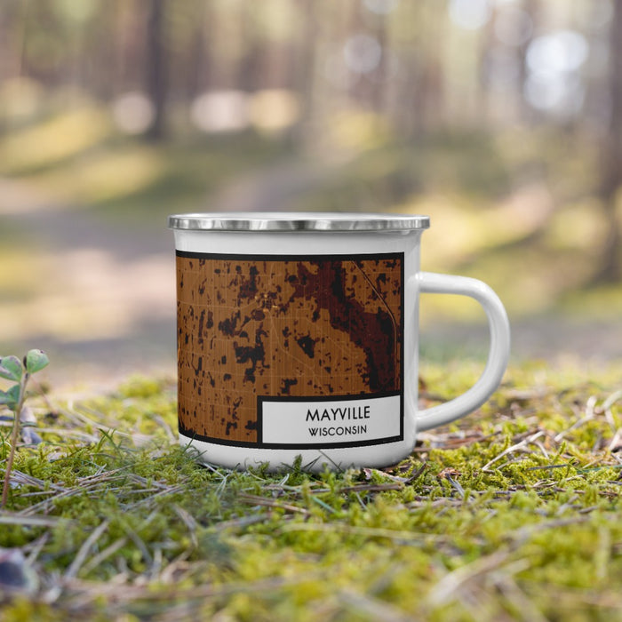 Right View Custom Mayville Wisconsin Map Enamel Mug in Ember on Grass With Trees in Background