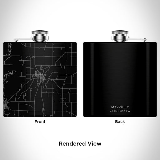 Rendered View of Mayville Wisconsin Map Engraving on 6oz Stainless Steel Flask in Black