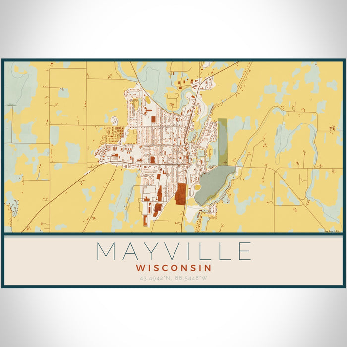 Mayville Wisconsin Map Print Landscape Orientation in Woodblock Style With Shaded Background