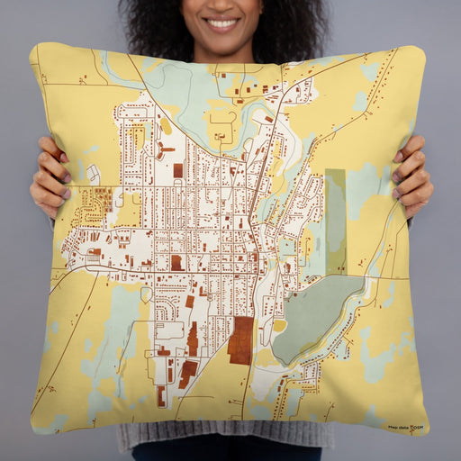 Person holding 22x22 Custom Mayville Wisconsin Map Throw Pillow in Woodblock