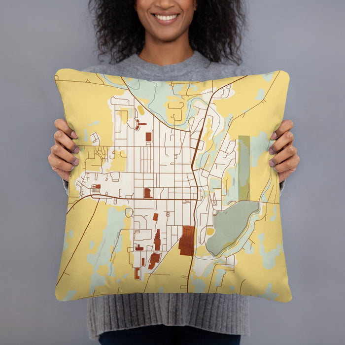 Person holding 18x18 Custom Mayville Wisconsin Map Throw Pillow in Woodblock