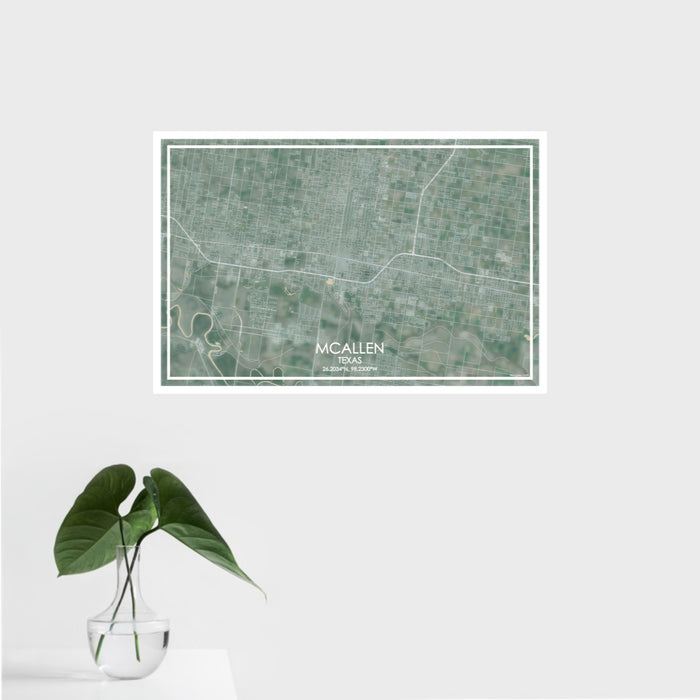 16x24 McAllen Texas Map Print Landscape Orientation in Afternoon Style With Tropical Plant Leaves in Water