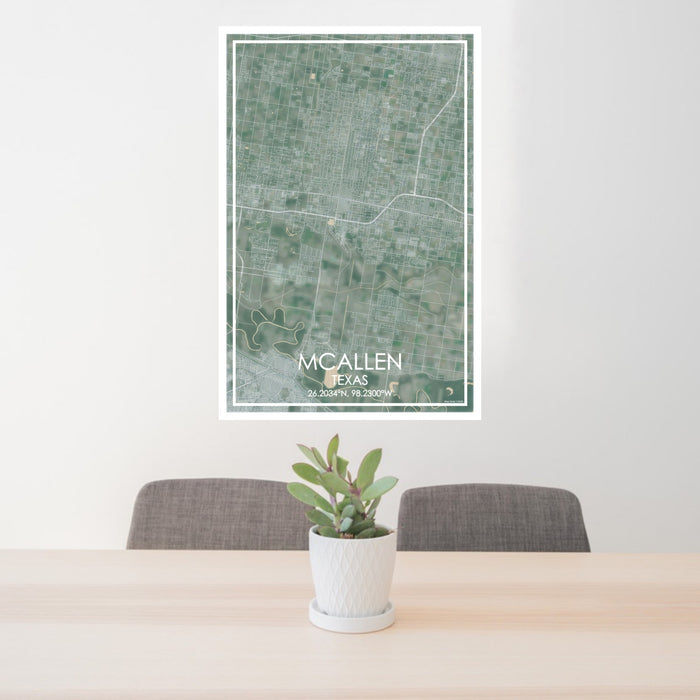 24x36 McAllen Texas Map Print Portrait Orientation in Afternoon Style Behind 2 Chairs Table and Potted Plant