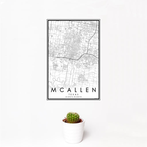 12x18 McAllen Texas Map Print Portrait Orientation in Classic Style With Small Cactus Plant in White Planter