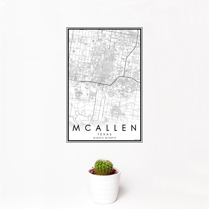 12x18 McAllen Texas Map Print Portrait Orientation in Classic Style With Small Cactus Plant in White Planter