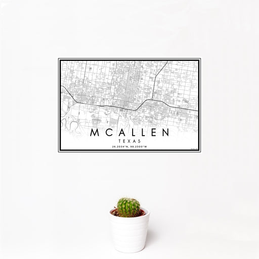 12x18 McAllen Texas Map Print Landscape Orientation in Classic Style With Small Cactus Plant in White Planter