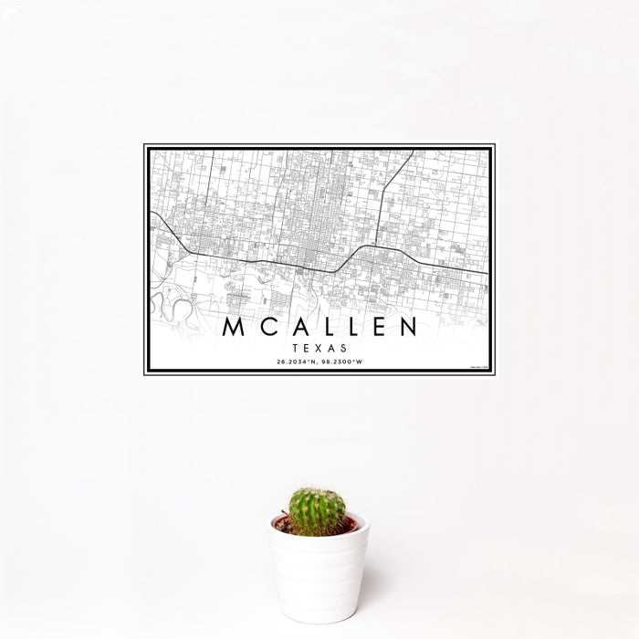 12x18 McAllen Texas Map Print Landscape Orientation in Classic Style With Small Cactus Plant in White Planter