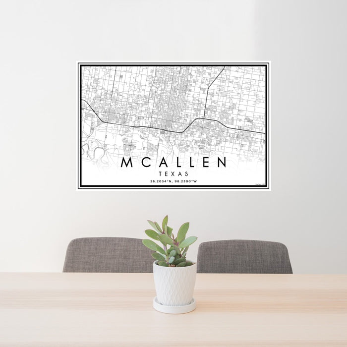 24x36 McAllen Texas Map Print Landscape Orientation in Classic Style Behind 2 Chairs Table and Potted Plant