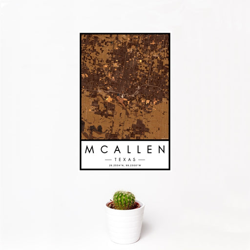 12x18 McAllen Texas Map Print Portrait Orientation in Ember Style With Small Cactus Plant in White Planter