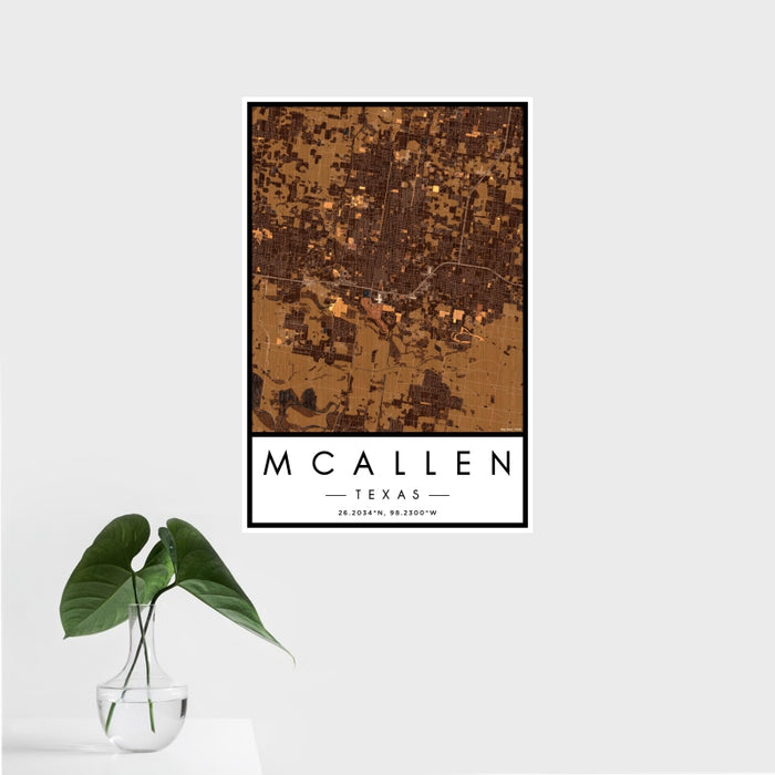 16x24 McAllen Texas Map Print Portrait Orientation in Ember Style With Tropical Plant Leaves in Water