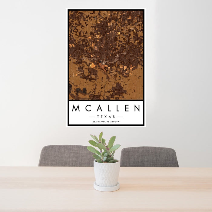 24x36 McAllen Texas Map Print Portrait Orientation in Ember Style Behind 2 Chairs Table and Potted Plant