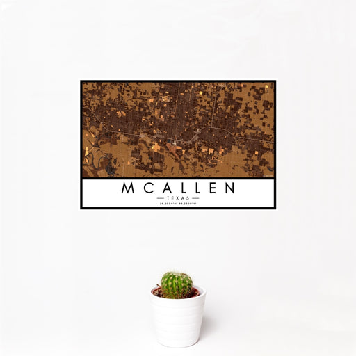 12x18 McAllen Texas Map Print Landscape Orientation in Ember Style With Small Cactus Plant in White Planter