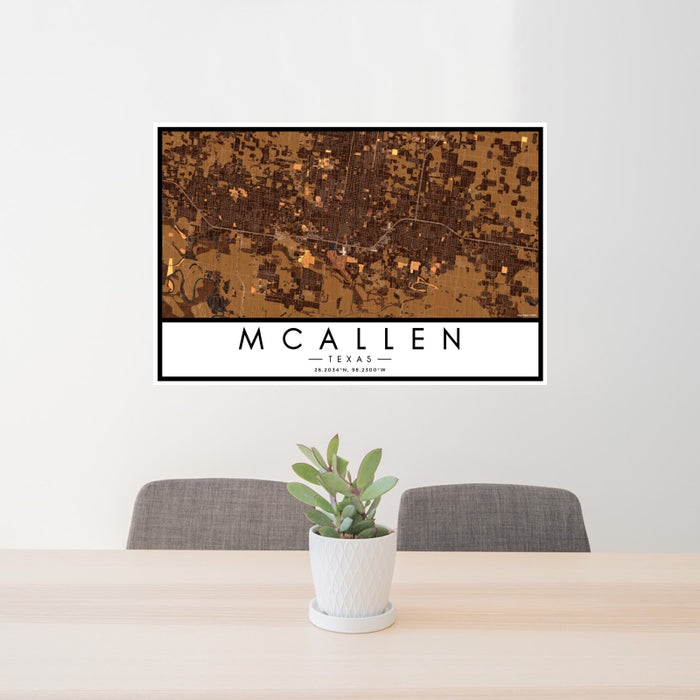 24x36 McAllen Texas Map Print Landscape Orientation in Ember Style Behind 2 Chairs Table and Potted Plant