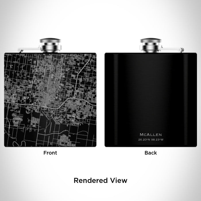 Rendered View of McAllen Texas Map Engraving on 6oz Stainless Steel Flask in Black