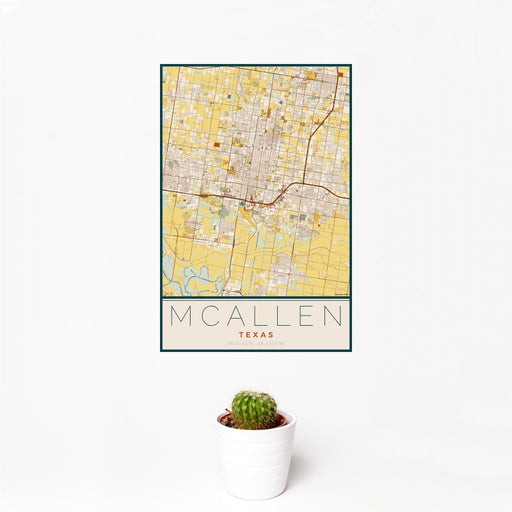 12x18 McAllen Texas Map Print Portrait Orientation in Woodblock Style With Small Cactus Plant in White Planter