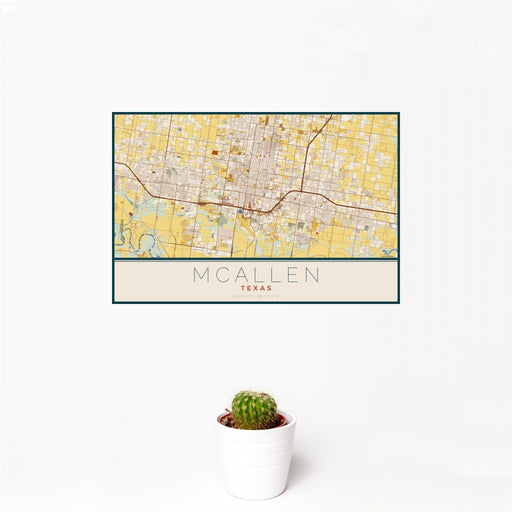 12x18 McAllen Texas Map Print Landscape Orientation in Woodblock Style With Small Cactus Plant in White Planter