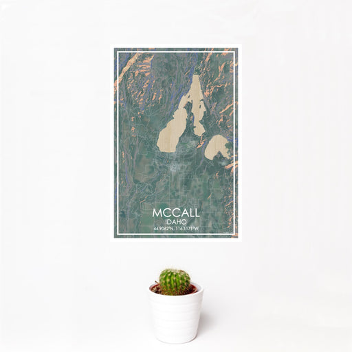 12x18 McCall Idaho Map Print Portrait Orientation in Afternoon Style With Small Cactus Plant in White Planter