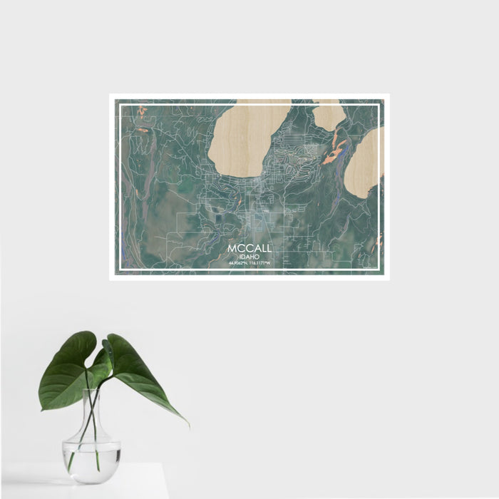 16x24 McCall Idaho Map Print Landscape Orientation in Afternoon Style With Tropical Plant Leaves in Water