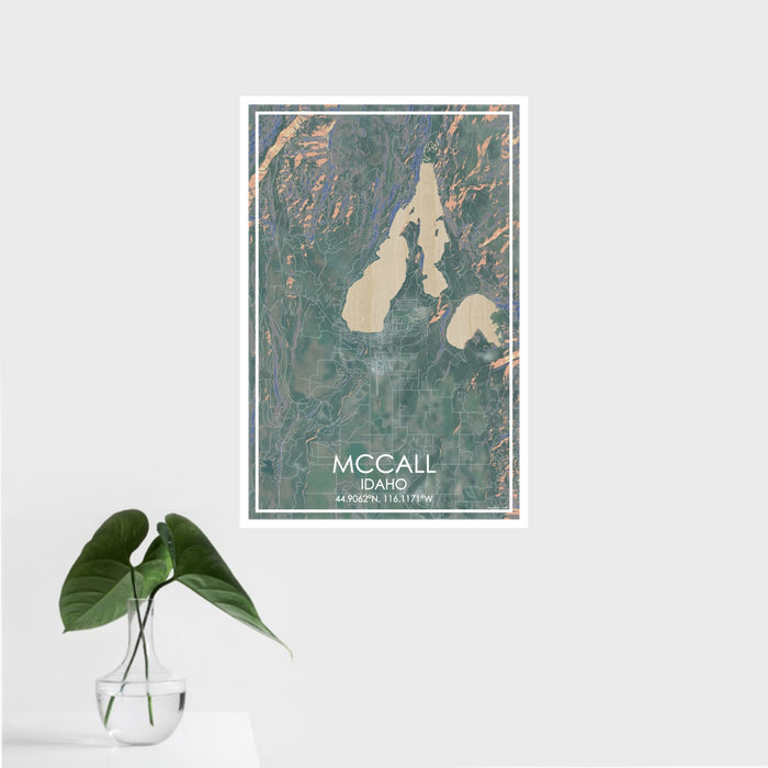 16x24 McCall Idaho Map Print Portrait Orientation in Afternoon Style With Tropical Plant Leaves in Water