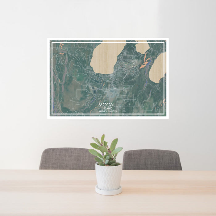 24x36 McCall Idaho Map Print Lanscape Orientation in Afternoon Style Behind 2 Chairs Table and Potted Plant