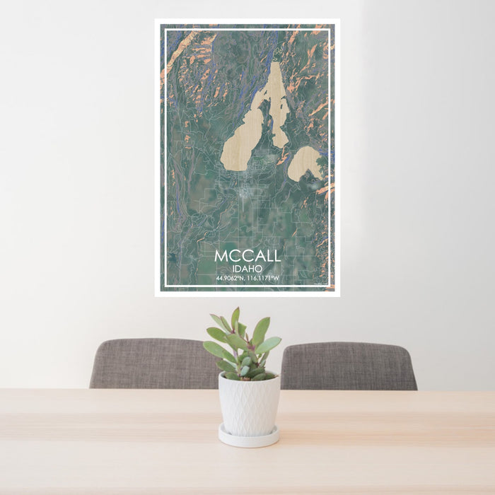 24x36 McCall Idaho Map Print Portrait Orientation in Afternoon Style Behind 2 Chairs Table and Potted Plant
