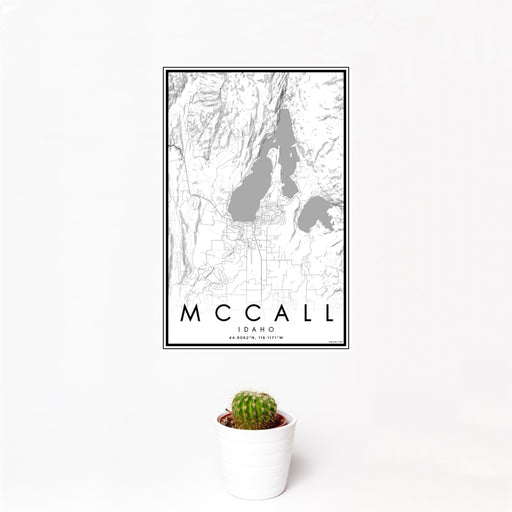 12x18 McCall Idaho Map Print Portrait Orientation in Classic Style With Small Cactus Plant in White Planter