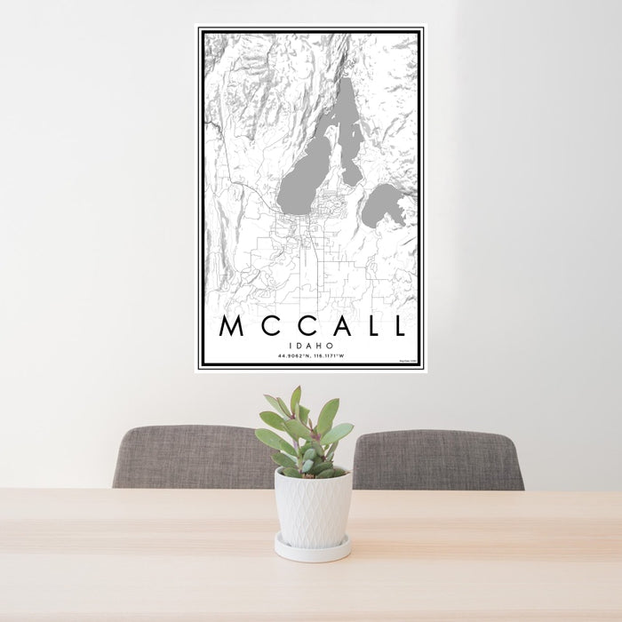 24x36 McCall Idaho Map Print Portrait Orientation in Classic Style Behind 2 Chairs Table and Potted Plant