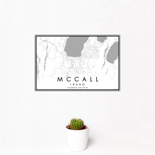 12x18 McCall Idaho Map Print Landscape Orientation in Classic Style With Small Cactus Plant in White Planter