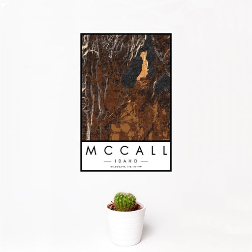 12x18 McCall Idaho Map Print Portrait Orientation in Ember Style With Small Cactus Plant in White Planter