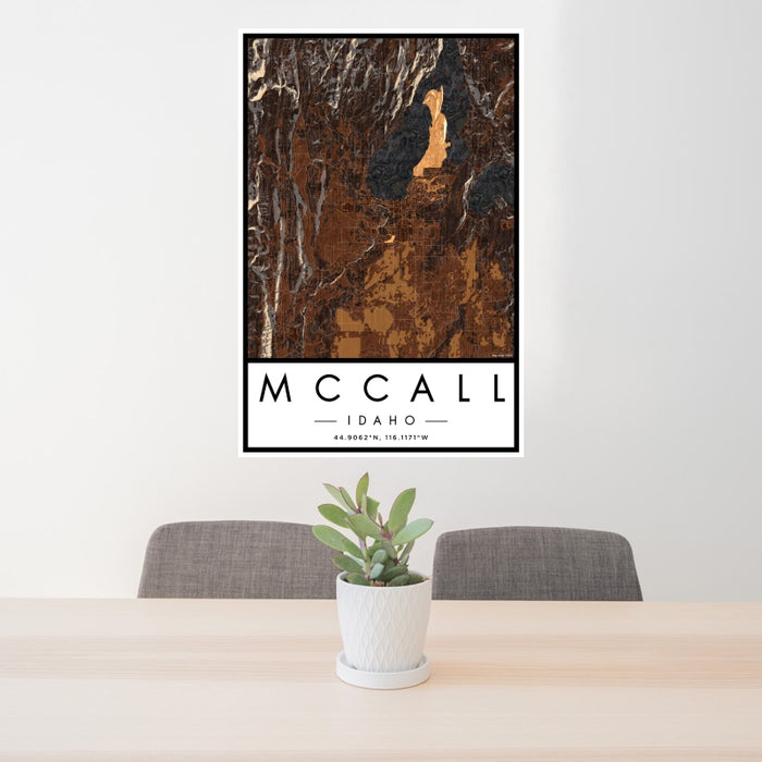 24x36 McCall Idaho Map Print Portrait Orientation in Ember Style Behind 2 Chairs Table and Potted Plant