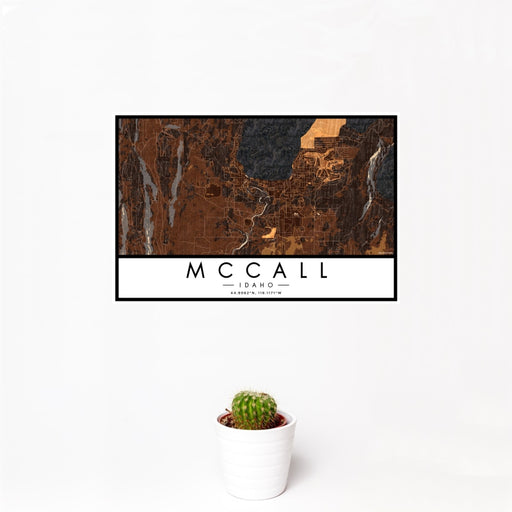 12x18 McCall Idaho Map Print Landscape Orientation in Ember Style With Small Cactus Plant in White Planter