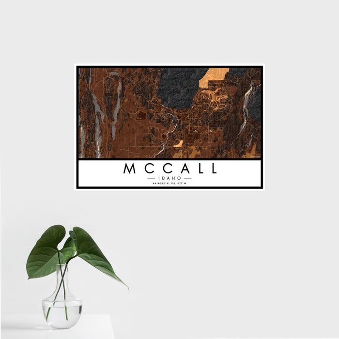 16x24 McCall Idaho Map Print Landscape Orientation in Ember Style With Tropical Plant Leaves in Water