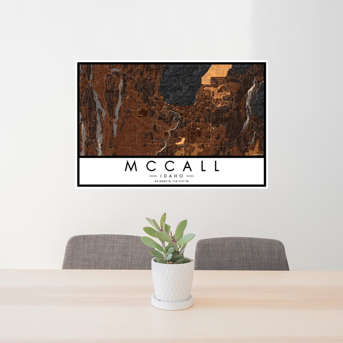 24x36 McCall Idaho Map Print Landscape Orientation in Ember Style Behind 2 Chairs Table and Potted Plant