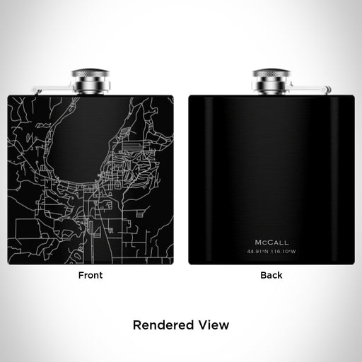 Rendered View of McCall Idaho Map Engraving on 6oz Stainless Steel Flask in Black