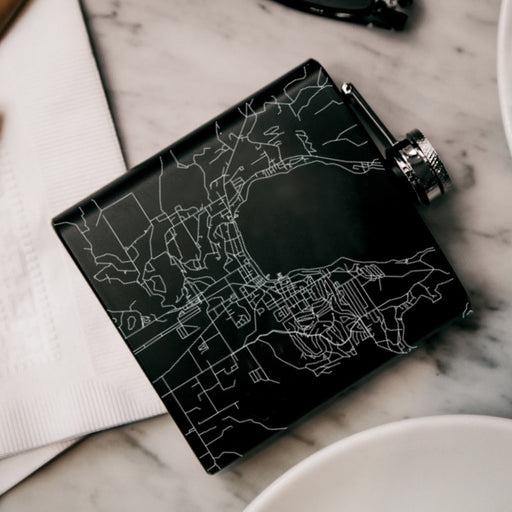 McCall Idaho Custom Engraved City Map Inscription Coordinates on 6oz Stainless Steel Flask in Black