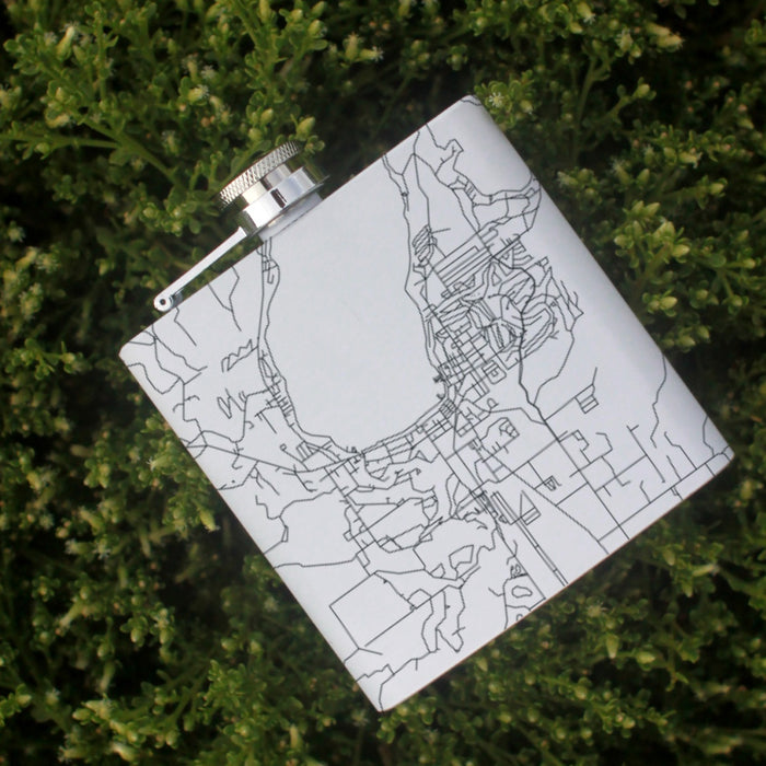 McCall Idaho Custom Engraved City Map Inscription Coordinates on 6oz Stainless Steel Flask in White