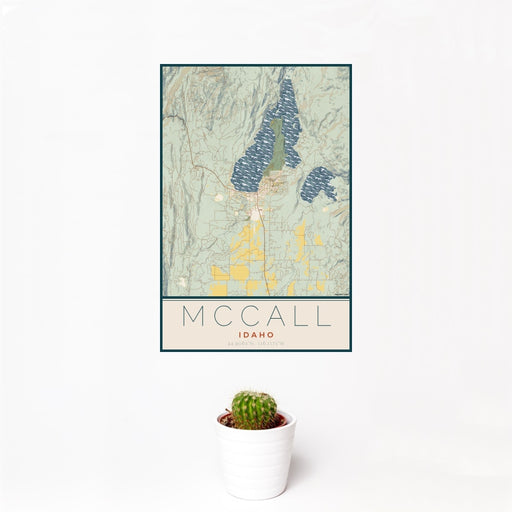 12x18 McCall Idaho Map Print Portrait Orientation in Woodblock Style With Small Cactus Plant in White Planter