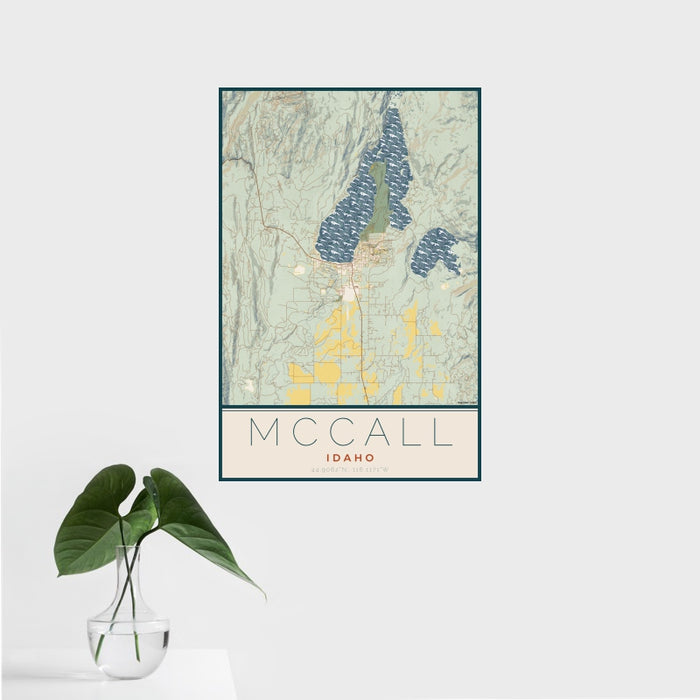 16x24 McCall Idaho Map Print Portrait Orientation in Woodblock Style With Tropical Plant Leaves in Water