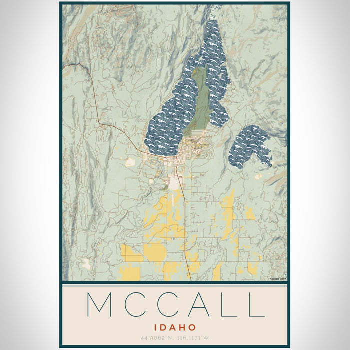 McCall Idaho Map Print Portrait Orientation in Woodblock Style With Shaded Background