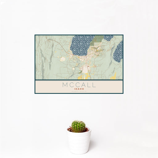 12x18 McCall Idaho Map Print Landscape Orientation in Woodblock Style With Small Cactus Plant in White Planter