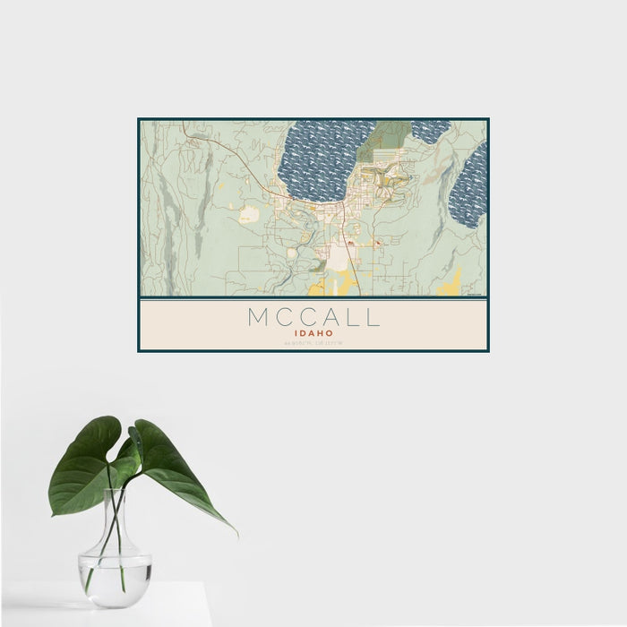 16x24 McCall Idaho Map Print Landscape Orientation in Woodblock Style With Tropical Plant Leaves in Water