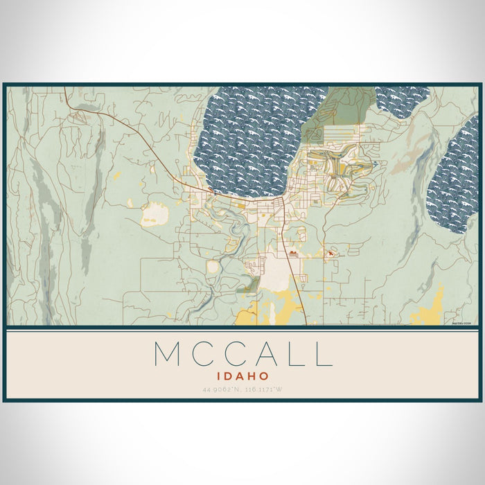 McCall Idaho Map Print Landscape Orientation in Woodblock Style With Shaded Background