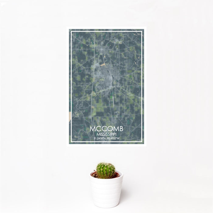 12x18 McComb Mississippi Map Print Portrait Orientation in Afternoon Style With Small Cactus Plant in White Planter