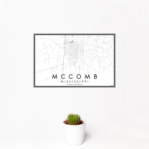 12x18 McComb Mississippi Map Print Landscape Orientation in Classic Style With Small Cactus Plant in White Planter