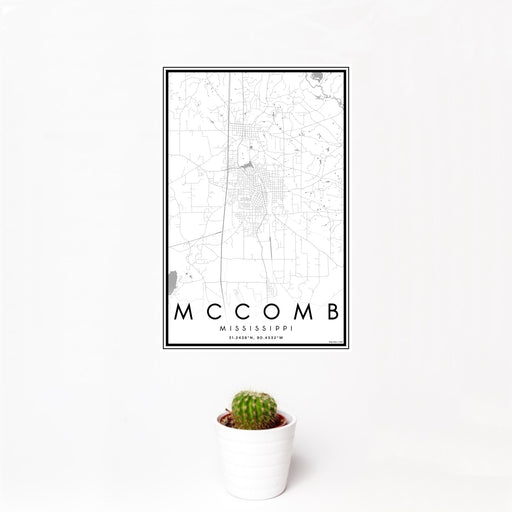 12x18 McComb Mississippi Map Print Portrait Orientation in Classic Style With Small Cactus Plant in White Planter